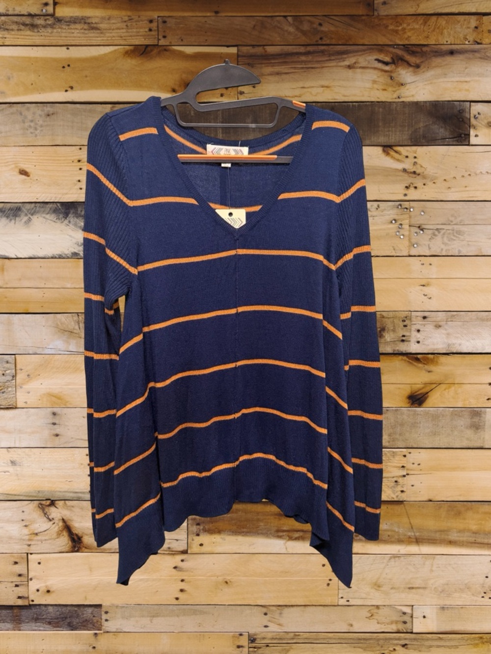 NWT Pink Rose Navy Mustard Stripe V-Neck Knit Asymmetric Hem Sweater Size Medium